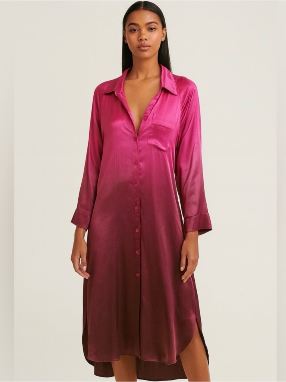 YBF Silky Ombre Long Sleeve Sleep Shirt - Fuchsia to Burgundy Sz M
